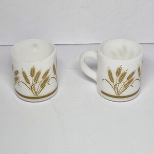 Milk Glass Wheat Pattern Coffee Mugs Set of 2 White Gold Decorated
